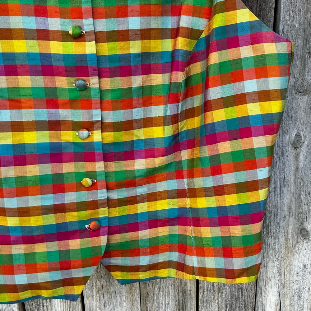 Vintage Limited America Check Plaid Silk Sleeveless Shirt Rainbow Color L - Picture 8 of 15